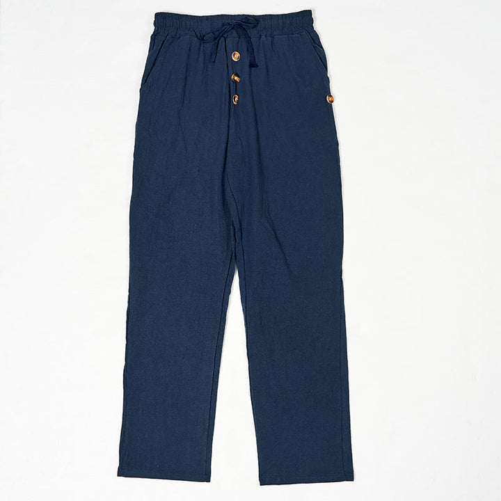 Buddha Stones Solid Color Buttons Drawstring Men's Cotton Pants With Pockets - SteelBlue - US/UK/AU46，EU56 (3XL) - image 0