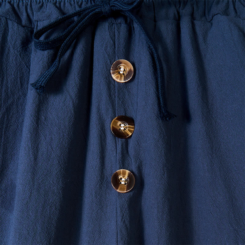 Buddha Stones Solid Color Buttons Drawstring Men's Cotton Pants With Pockets - image 2