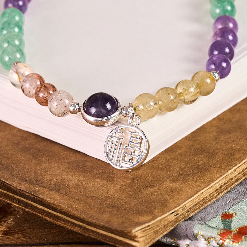 Buddha Stones Fu Character Charm Super Seven Crystal Growth Key Chain Phone Hanging Decoration - image 1