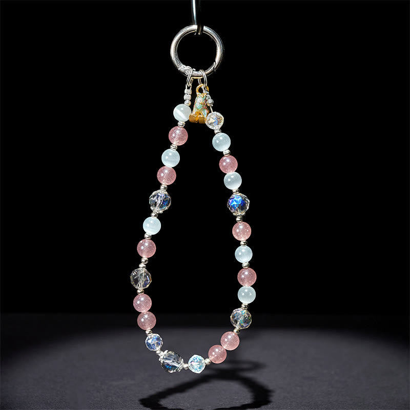 Buddha Stones Year of the Horse Strawberry Quartz White Cat's Eye Key Chain Phone Hanging Decoration - image 4