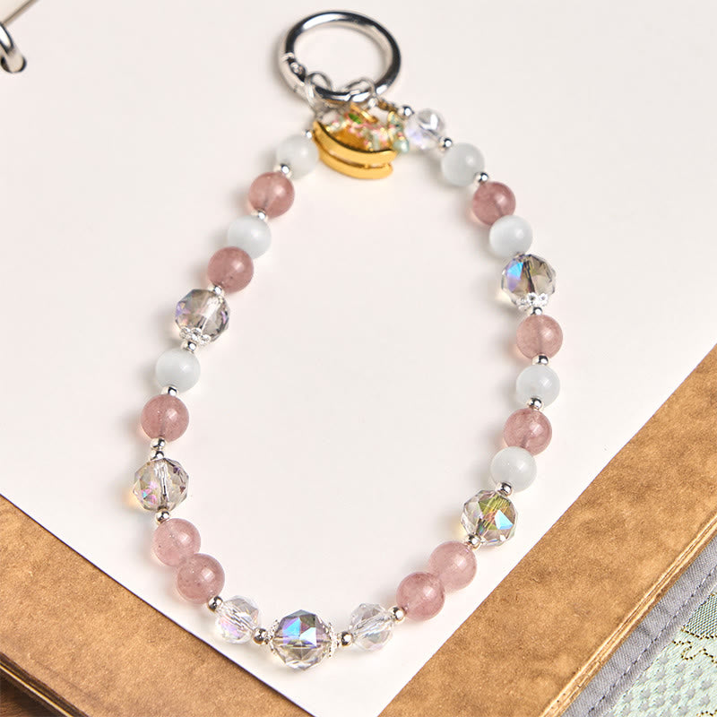 Buddha Stones Year of the Horse Strawberry Quartz White Cat's Eye Key Chain Phone Hanging Decoration - Strawberry Quartz(Healing ♥ Positive) - image 0