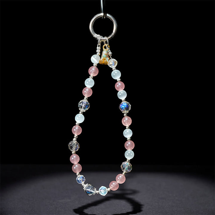 Buddha Stones Year of the Horse Strawberry Quartz White Cat's Eye Key Chain Phone Hanging Decoration - image 4