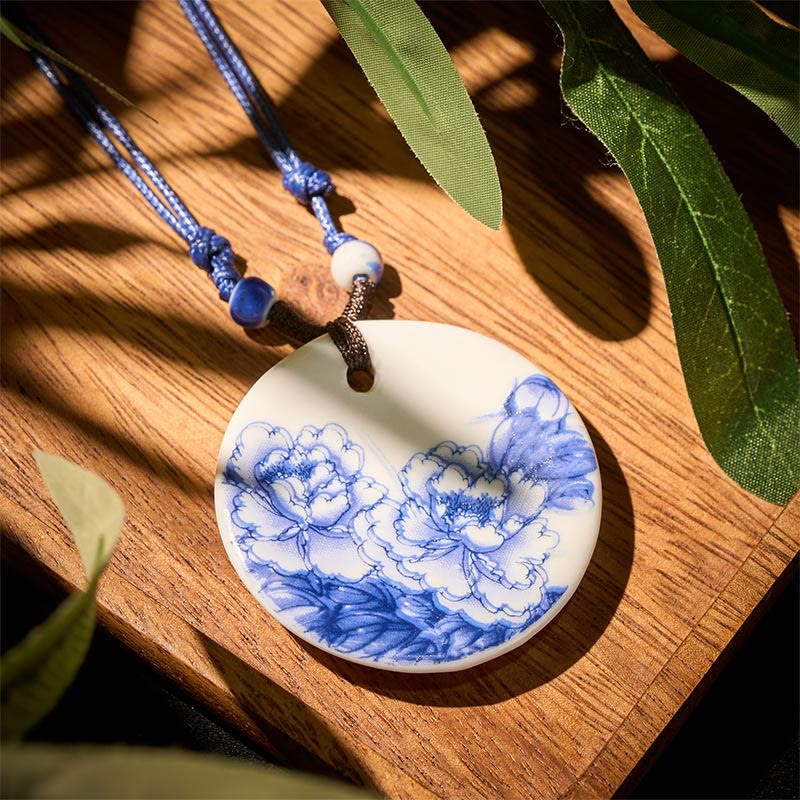 Buddha Stones Ethnic Peony Peach Blossoms Lotus Symbol Ceramics Necklace Enlightenment Pendant - Blooming Peonies - image 10