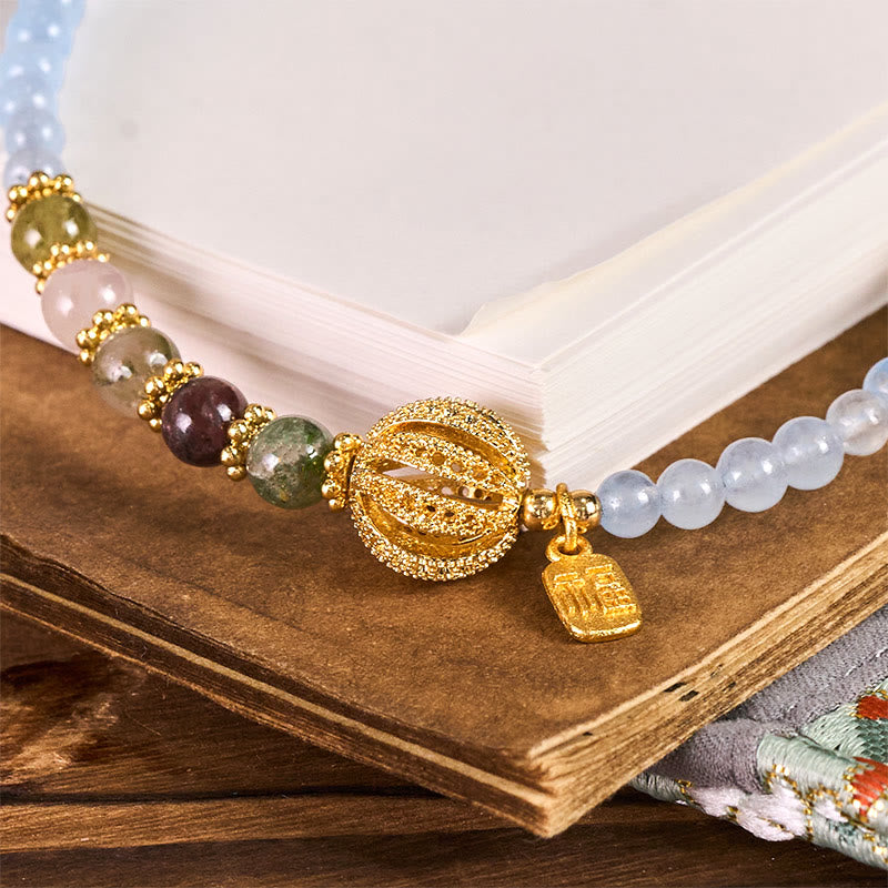 Buddha Stones Fu Character Blue Chalcedony Emotional Balance Key Chain Phone Hanging Decoration - image 1