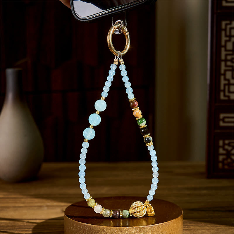 Buddha Stones Fu Character Blue Chalcedony Emotional Balance Key Chain Phone Hanging Decoration - image 2