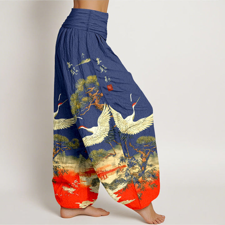 Buddha Stones Pure Cotton Vivid Crane Pine Tree Pattern Women's Elastic Waist Harem Pants - image 10