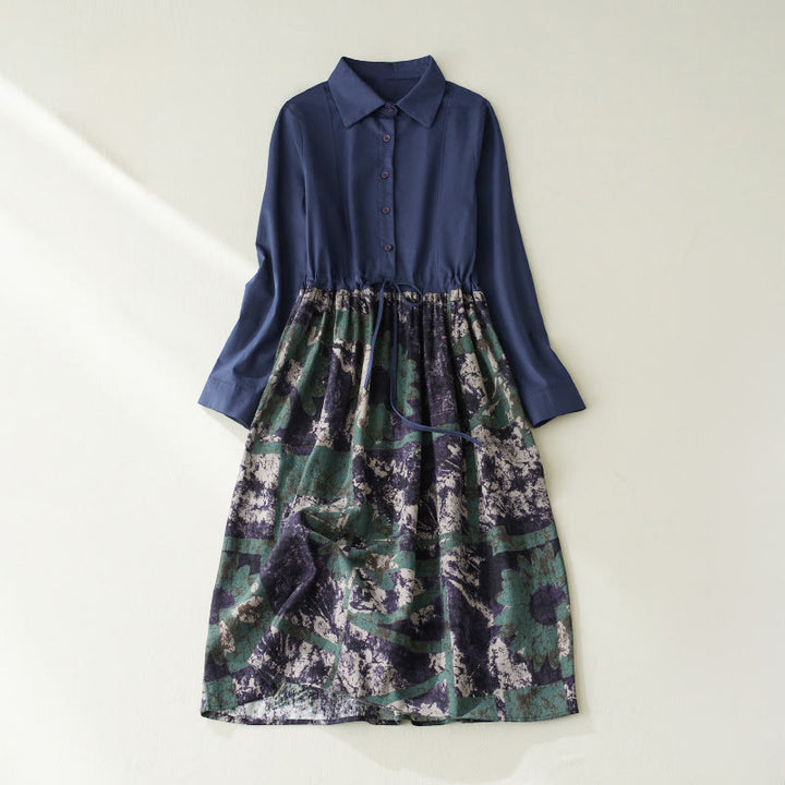 Buddha Stones Fall Printed Patchwork Design Drawstring Long Sleeve Linen Midi Dress With Pockets - DarkBlue - US8-10，UK/AU12-14，EU40-42 (2XL) - image 1