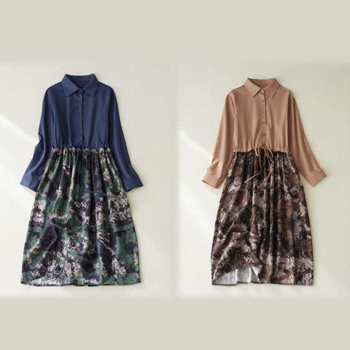 Buddha Stones Fall Printed Patchwork Design Drawstring Long Sleeve Linen Midi Dress With Pockets - image 14