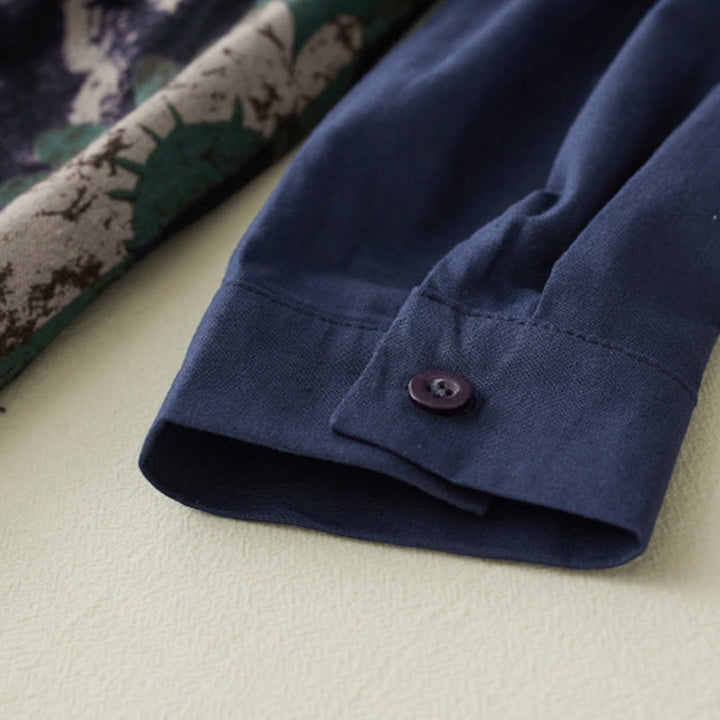 Buddha Stones Fall Printed Patchwork Design Drawstring Long Sleeve Linen Midi Dress With Pockets - image 7