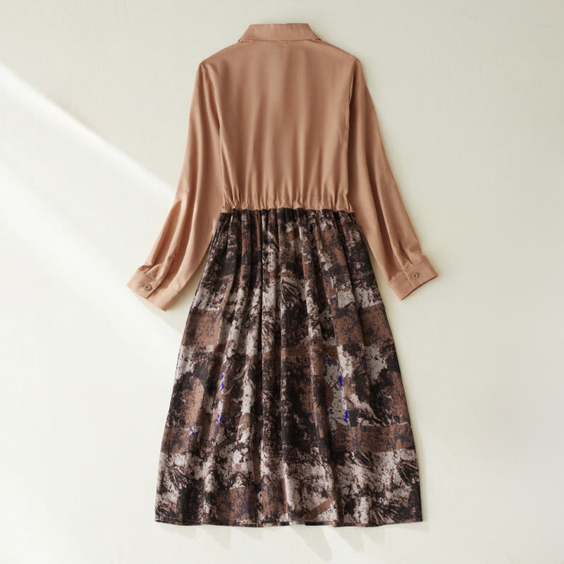 Buddha Stones Fall Printed Patchwork Design Drawstring Long Sleeve Linen Midi Dress With Pockets - image 12