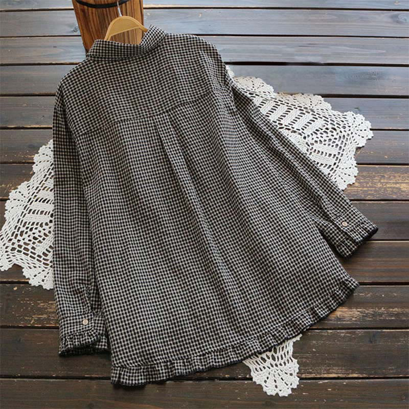Buddha Stones Spring Plaid Ruffled Hem Design Long Sleeve Women's Cotton Buttons Shirt - image 5