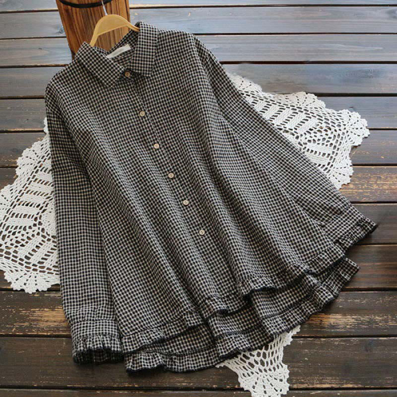 Buddha Stones Spring Plaid Ruffled Hem Design Long Sleeve Women's Cotton Buttons Shirt - Black - US14，UK/AU18，EU46 (4XL) - image 4