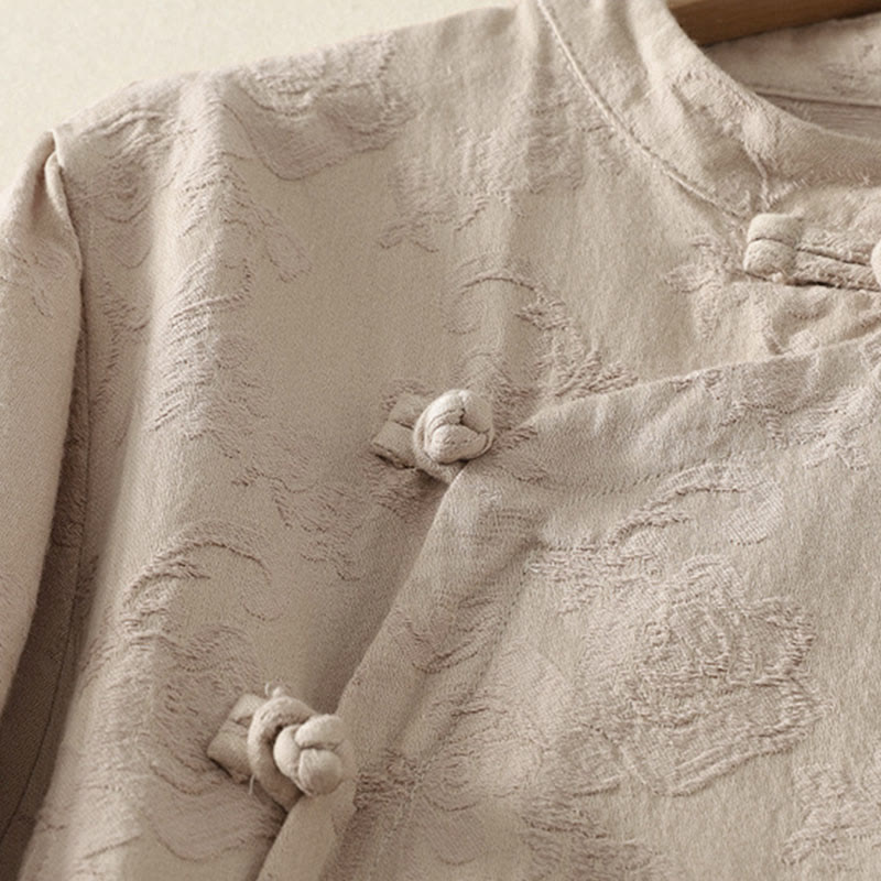 Buddha Stones Jacquard Diagonal Placket Long Sleeve Women's Cotton Linen Buttons Shirt - image 3