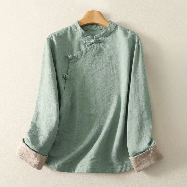 Buddha Stones Jacquard Diagonal Placket Long Sleeve Women's Cotton Linen Buttons Shirt - MediumAquamarine - US8-10，UK/AU12-14，EU40-42 (2XL) - image 6
