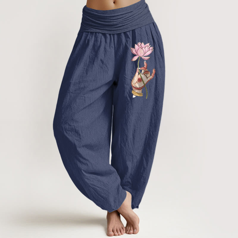 Buddha Stones Hand Holding Delicate Lotus Pattern Women's Elastic Waist Harem Cotton Pants - DimGray - US16，UK/AU20，EU48 (3XL) - image 5