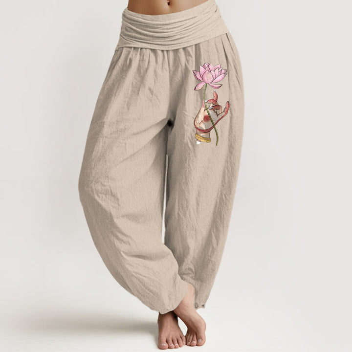 Buddha Stones Hand Holding Delicate Lotus Pattern Women's Elastic Waist Harem Cotton Pants - OliveDrab - US16，UK/AU20，EU48 (3XL) - image 11