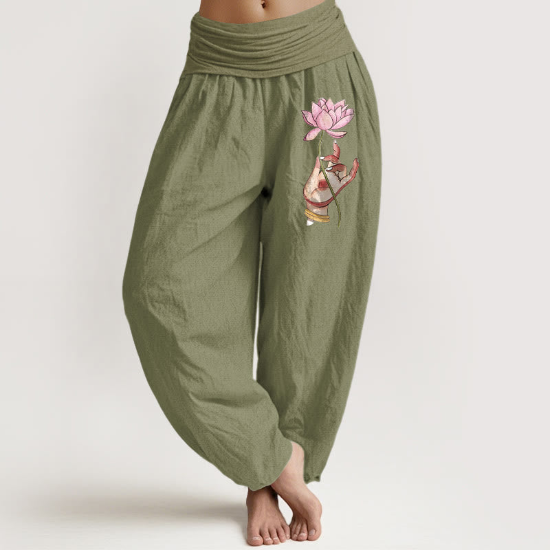 Buddha Stones Hand Holding Delicate Lotus Pattern Women's Elastic Waist Harem Cotton Pants - Black - US16，UK/AU20，EU48 (3XL) - image 14