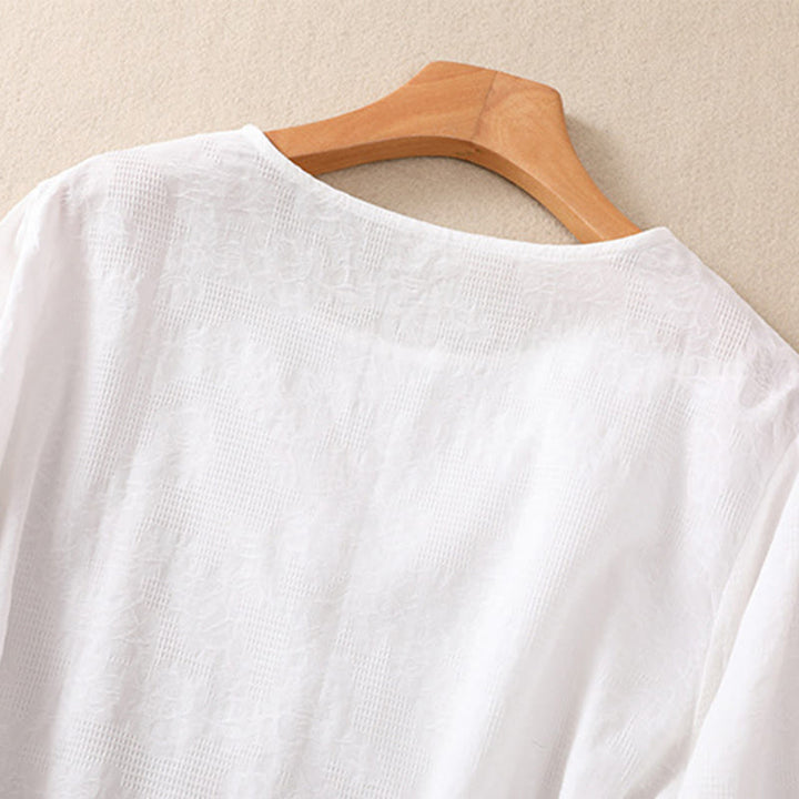 Buddha Stones Jacquard Irregular Hem Pleated Design Women's Cotton Long Sleeve Shirt - image 11