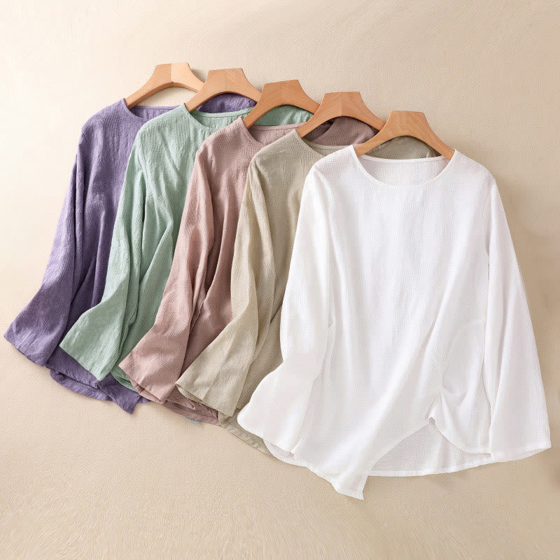 Buddha Stones Jacquard Irregular Hem Pleated Design Women's Cotton Long Sleeve Shirt - image 40