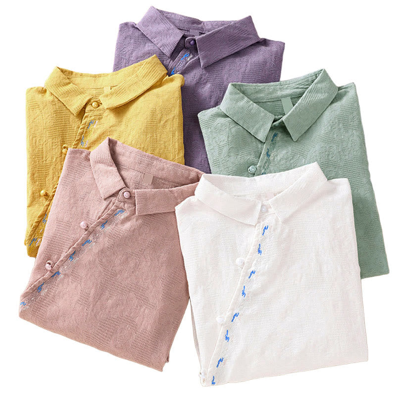 Buddha Stones Fall Embroidery Asymmetrical Design Frog-Button Women's Cotton Long Sleeve Shirt - image 40