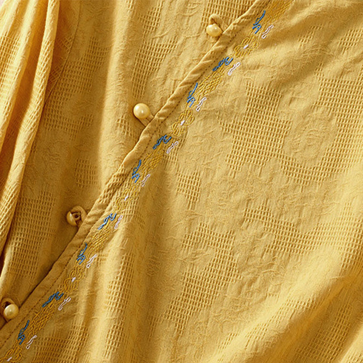 Buddha Stones Fall Embroidery Asymmetrical Design Frog-Button Women's Cotton Long Sleeve Shirt - image 28