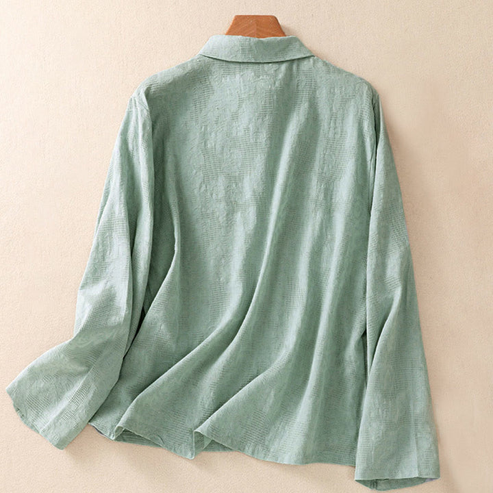 Buddha Stones Fall Embroidery Asymmetrical Design Frog-Button Women's Cotton Long Sleeve Shirt - image 1