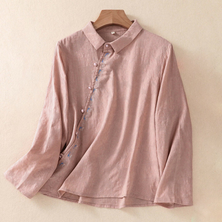 Buddha Stones Fall Embroidery Asymmetrical Design Frog-Button Women's Cotton Long Sleeve Shirt - LightCoral - US8-10，UK/AU12-14，EU40-42 (2XL) - image 14