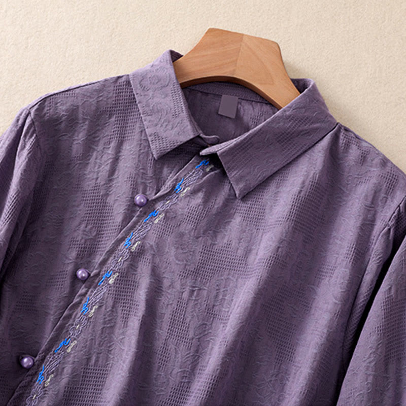 Buddha Stones Fall Embroidery Asymmetrical Design Frog-Button Women's Cotton Long Sleeve Shirt - image 33