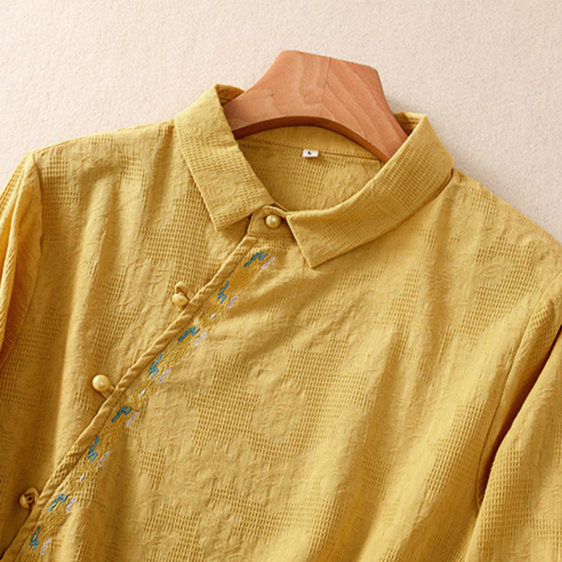 Buddha Stones Fall Embroidery Asymmetrical Design Frog-Button Women's Cotton Long Sleeve Shirt - image 26