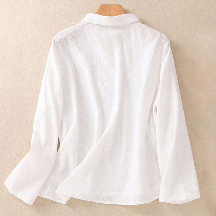 Buddha Stones Fall Embroidery Asymmetrical Design Frog-Button Women's Cotton Long Sleeve Shirt - image 8