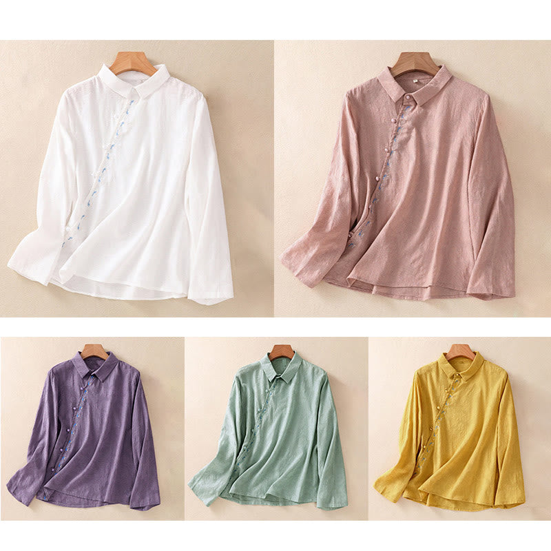 Buddha Stones Fall Embroidery Asymmetrical Design Frog-Button Women's Cotton Long Sleeve Shirt - image 39