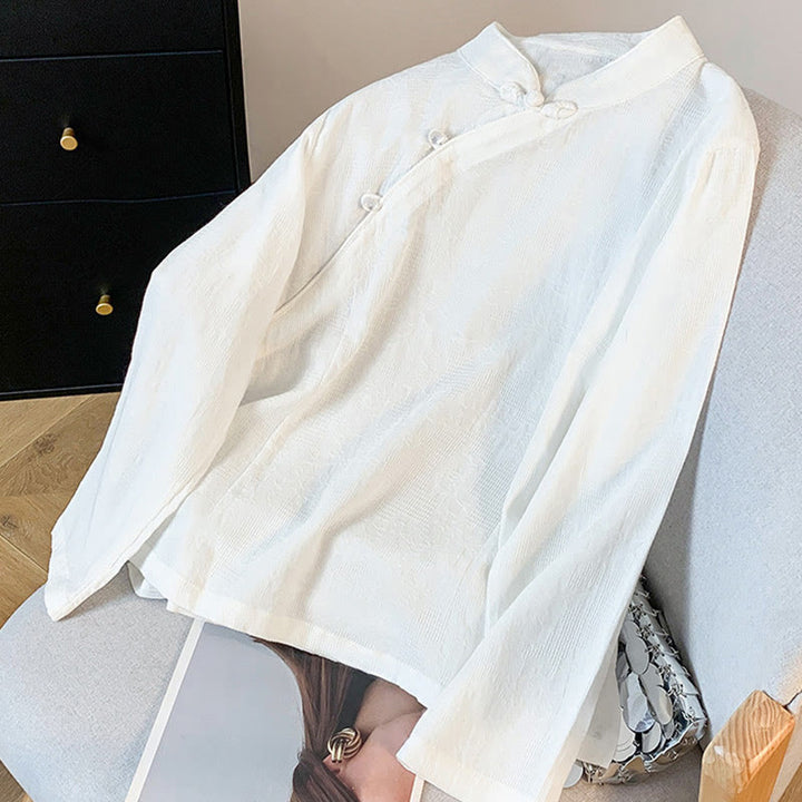 Buddha Stones Commute Jacquard Chinese Frog-Button Mandarin Collar Long Sleeve Women's Cotton Shirt - image 12