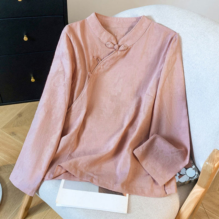 Buddha Stones Commute Jacquard Chinese Frog-Button Mandarin Collar Long Sleeve Women's Cotton Shirt - DarkSalmon - US8-10，UK/AU12-14，EU40-42 (2XL) - image 20