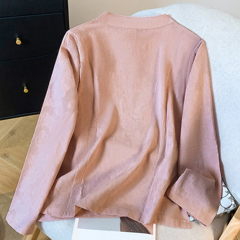 Buddha Stones Commute Jacquard Chinese Frog-Button Mandarin Collar Long Sleeve Women's Cotton Shirt - image 21