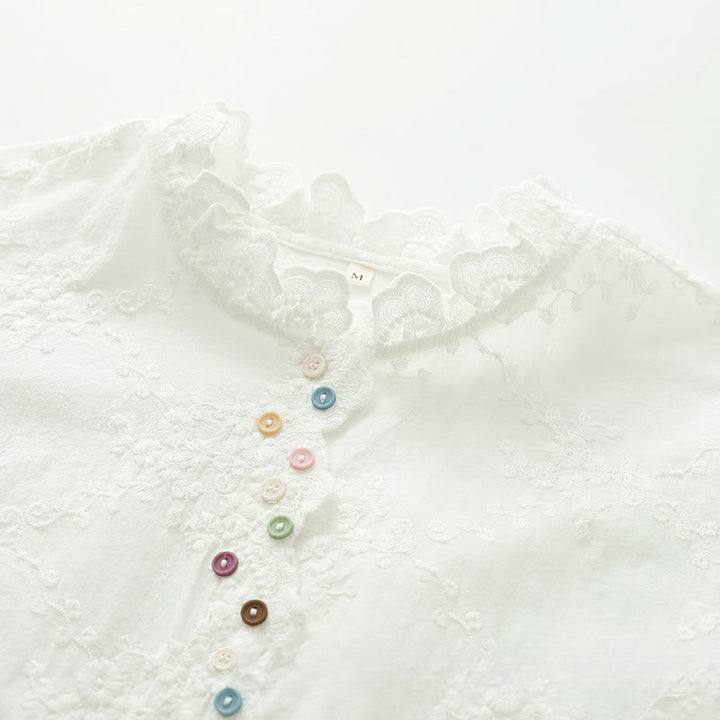 Buddha Stones Fall Ruffled Collar Embroidered Relief Flower Buttons Women's Cotton Long Sleeve Shirt - image 5