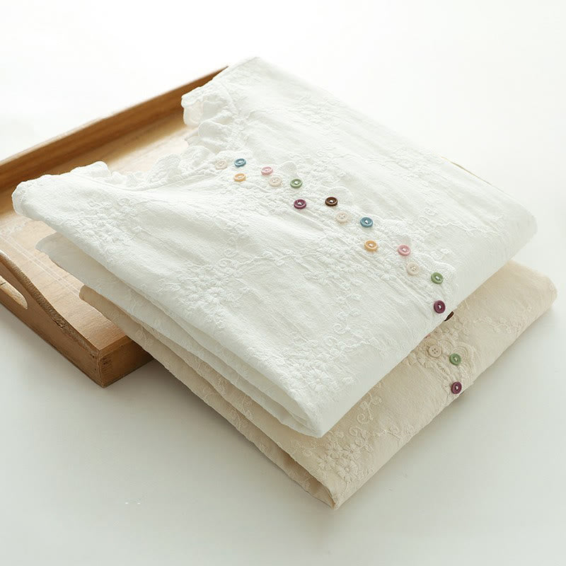 Buddha Stones Fall Ruffled Collar Embroidered Relief Flower Buttons Women's Cotton Long Sleeve Shirt - image 15