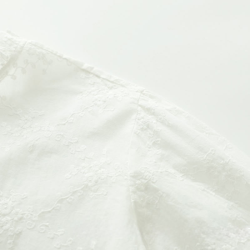 Buddha Stones Fall Ruffled Collar Embroidered Relief Flower Buttons Women's Cotton Long Sleeve Shirt - image 7