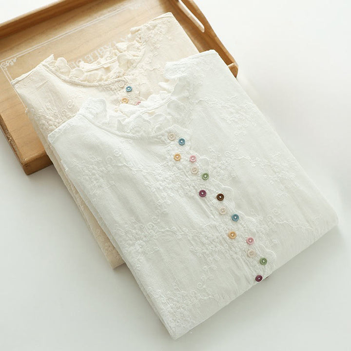 Buddha Stones Fall Ruffled Collar Embroidered Relief Flower Buttons Women's Cotton Long Sleeve Shirt - image 13