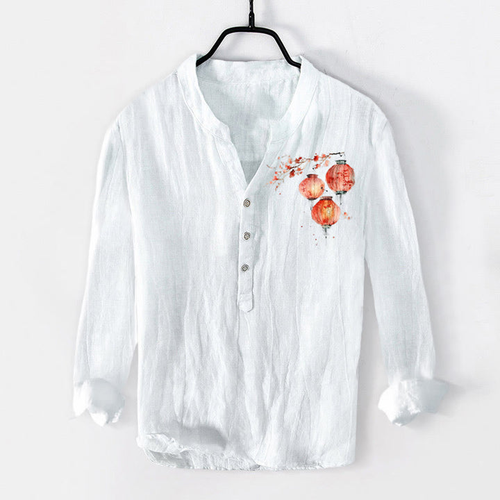 Buddha Stones Simple Red Flower Lantern Pattern Half Buttons Men's Cotton Linen Long Sleeve Shirt - White - US/UK/AU50，EU60 (5XL) - image 3