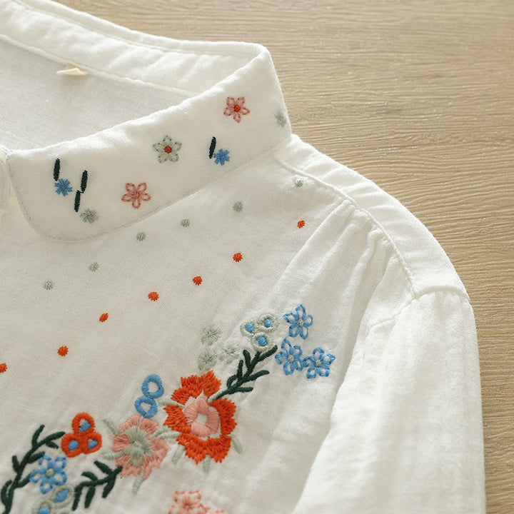 Buddha Stones Fall White Colorful Floral Embroidery Buttons Women's Cotton Long Sleeve Shirt - image 7