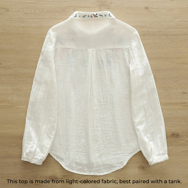 Buddha Stones Fall White Colorful Floral Embroidery Buttons Women's Cotton Long Sleeve Shirt - image 2