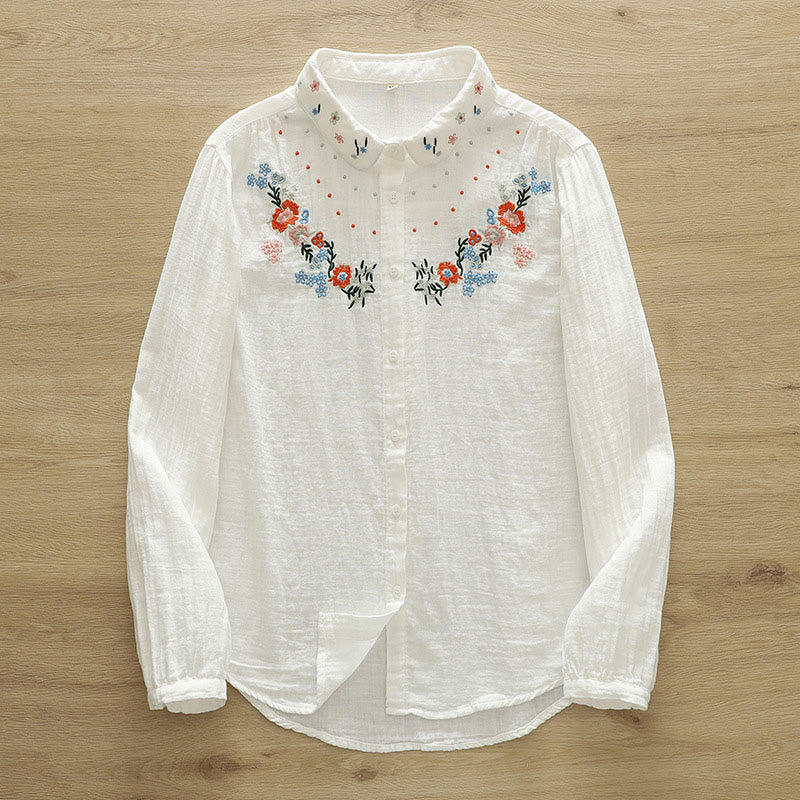 Buddha Stones Fall White Colorful Floral Embroidery Buttons Women's Cotton Long Sleeve Shirt - image 1