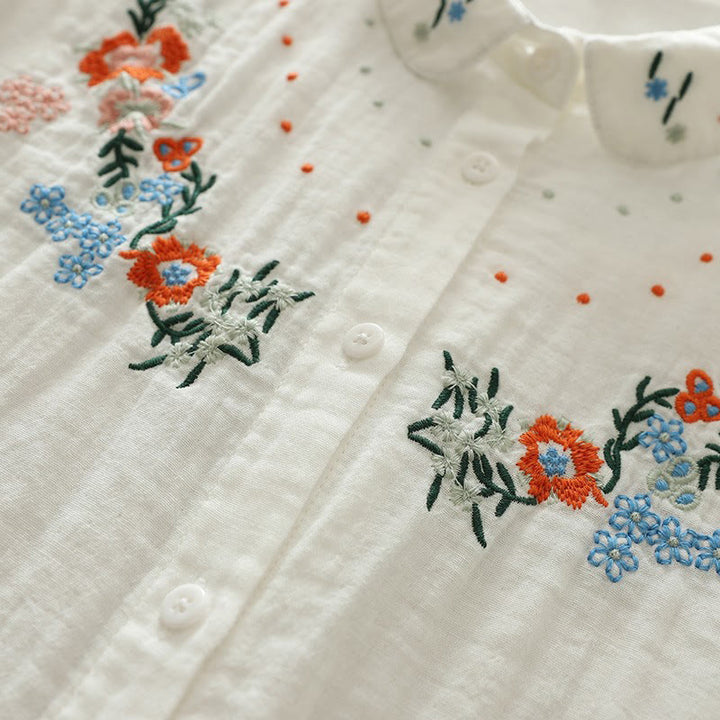 Buddha Stones Fall White Colorful Floral Embroidery Buttons Women's Cotton Long Sleeve Shirt - image 9