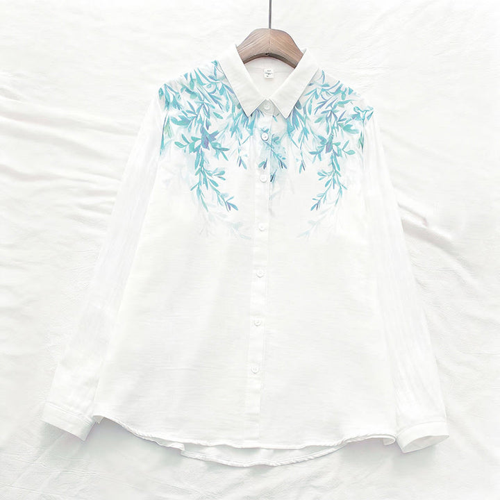 Buddha Stones Fall White Green Grass Buttons Women's Cotton Long Sleeve Shirt - image 1