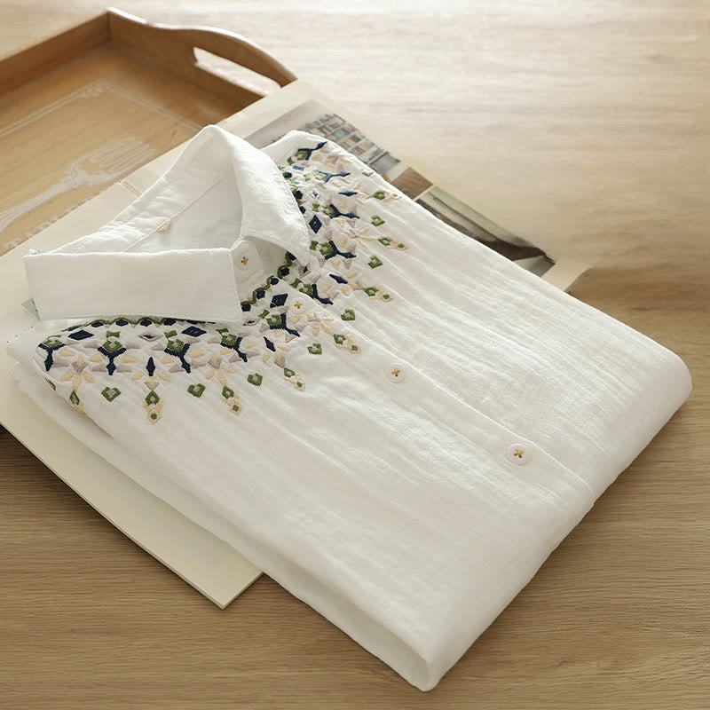 Buddha Stones Fall White Geometric Embroidery Buttons Women's Cotton Long Sleeve Shirt - image 3
