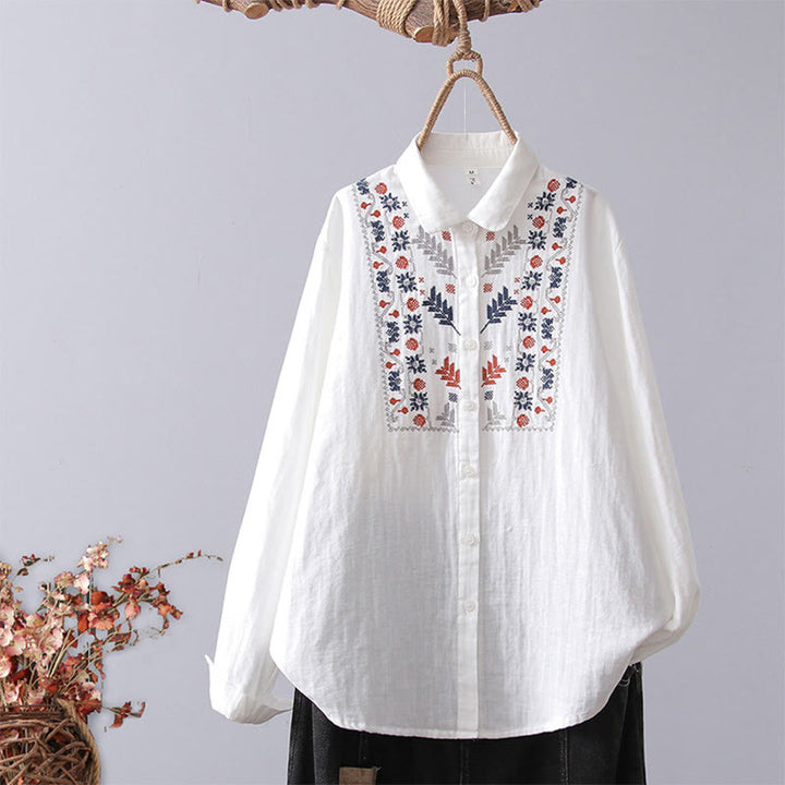 Buddha Stones Fall White Geometric Striped Flower Embroidery Button Women's Cotton Long Sleeve Shirt - White Flower - US4，UK/AU8，EU36 (L) - image 0