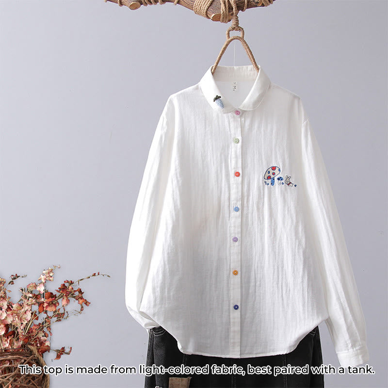 Buddha Stones Fall White Geometric Striped Flower Embroidery Button Women's Cotton Long Sleeve Shirt - White Mushroom - US4，UK/AU8，EU36 (L) - image 11