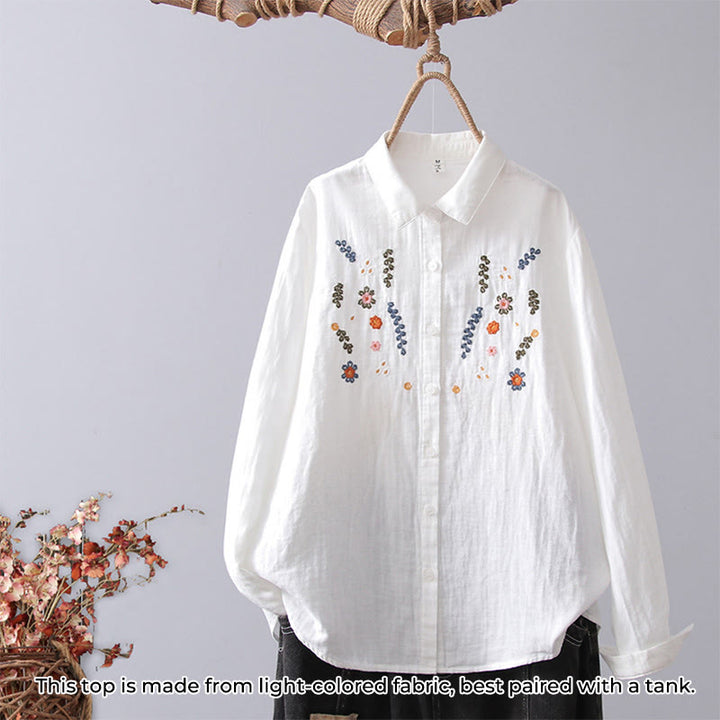 Buddha Stones Fall White Geometric Striped Flower Embroidery Button Women's Cotton Long Sleeve Shirt - White Colorful Flower - US4，UK/AU8，EU36 (L) - image 12