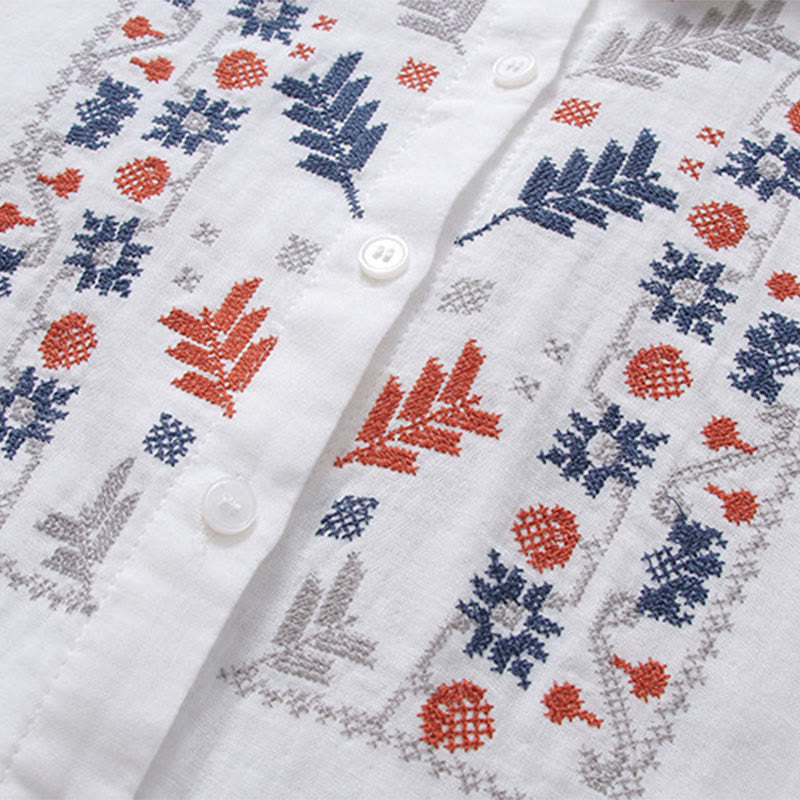 Buddha Stones Fall White Geometric Striped Flower Embroidery Button Women's Cotton Long Sleeve Shirt - image 5