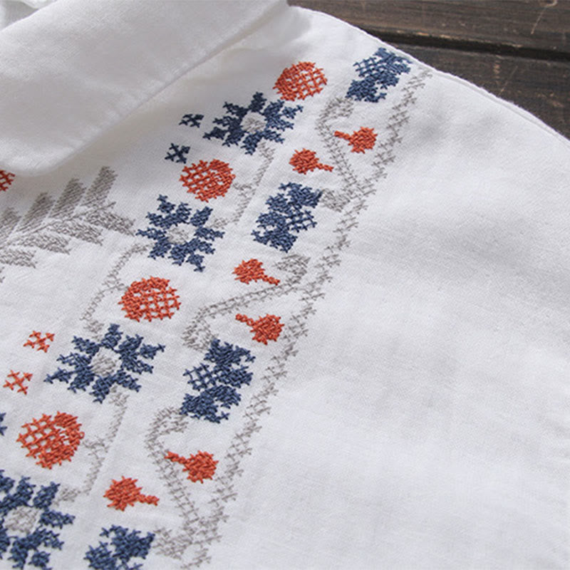 Buddha Stones Fall White Geometric Striped Flower Embroidery Button Women's Cotton Long Sleeve Shirt - image 3